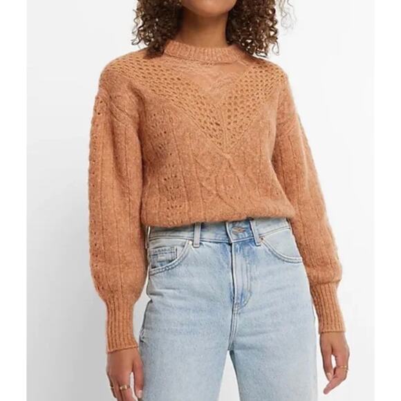 🔥Express Cable Knit Fuzzy Soft Pullover Sweater Bohemian Earthy Brown Size S - Picture 1 of 15